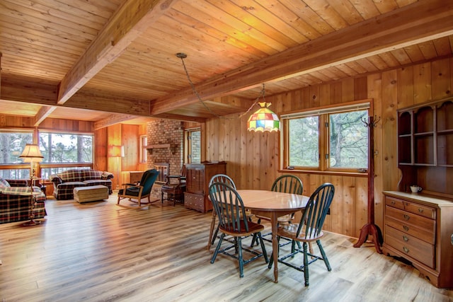 dining space with light wood-style floors, wooden ceiling, beam ceiling, and a wealth of natural light