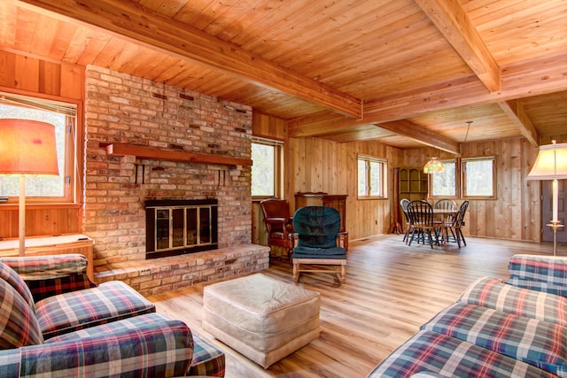 living area with wood walls, wood finished floors, beamed ceiling, and wooden ceiling
