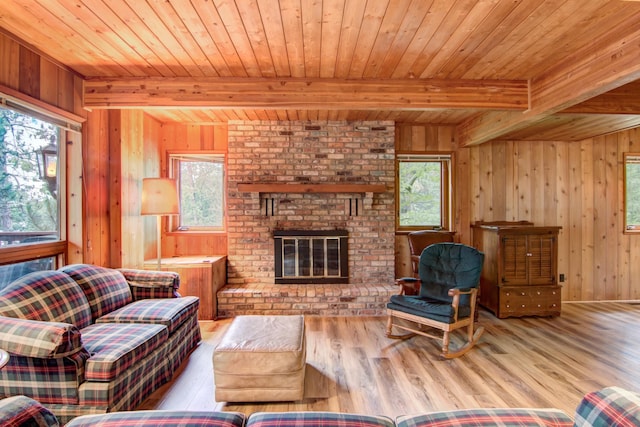 living room featuring wooden walls, wood finished floors, beam ceiling, and a healthy amount of sunlight