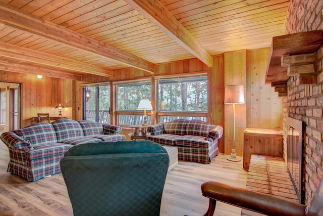 living area featuring wooden ceiling, wood finished floors, wooden walls, and beam ceiling