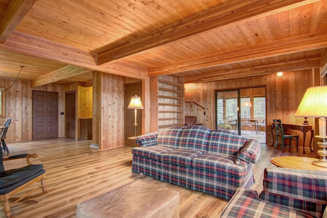 living area with wood ceiling, wood finished floors, and beamed ceiling
