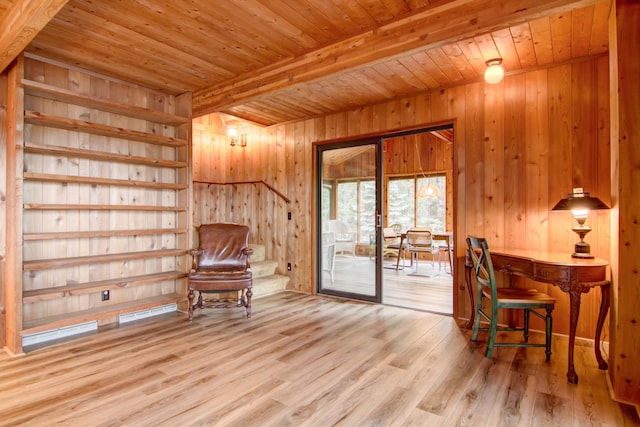 sitting room with wood walls, wooden ceiling, beamed ceiling, and wood finished floors