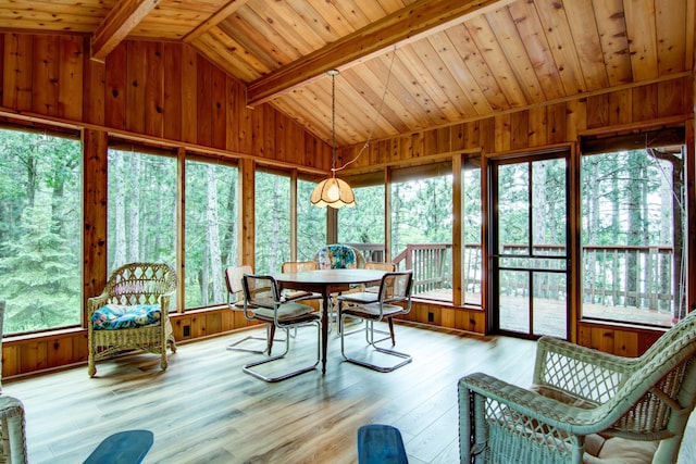 sunroom / solarium featuring wood walls, wood finished floors, lofted ceiling with beams, and wood ceiling