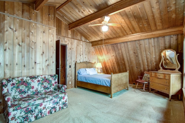 bedroom featuring wood walls, carpet flooring, wood ceiling, and lofted ceiling with beams