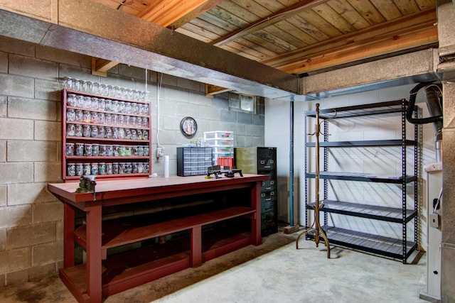 unfinished basement featuring concrete block wall