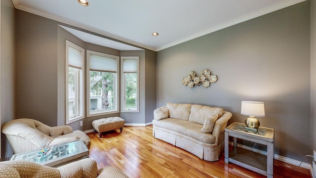 living room with hardwood / wood-style floors and crown molding