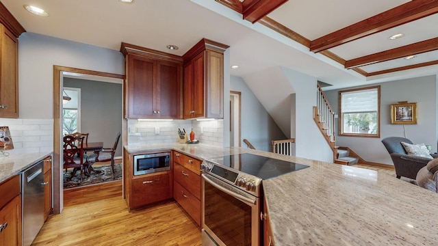 kitchen with stainless steel appliances, light hardwood / wood-style floors, tasteful backsplash, beamed ceiling, and light stone countertops