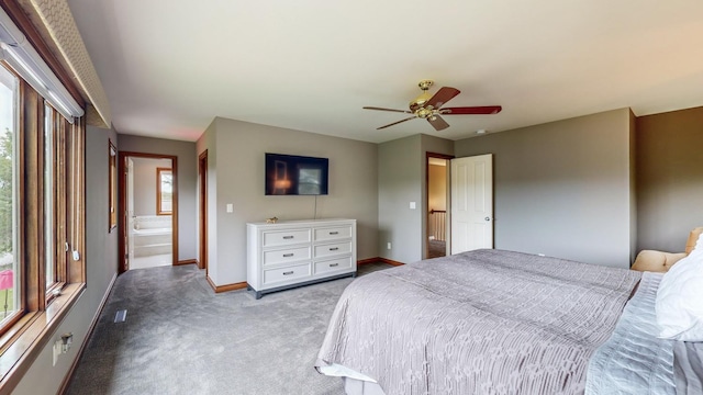 carpeted bedroom featuring ceiling fan and connected bathroom