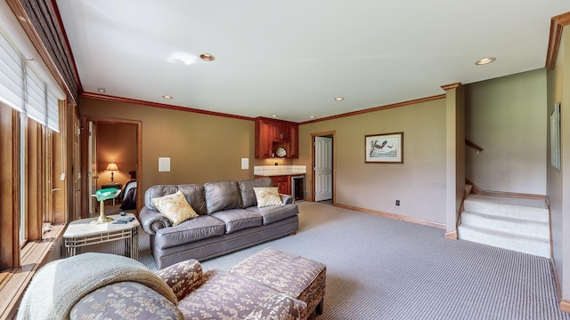 living room featuring light colored carpet and crown molding