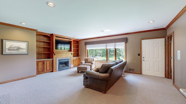 carpeted living room featuring crown molding