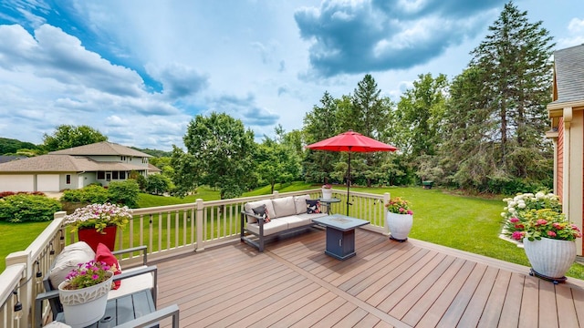 deck with a lawn and an outdoor hangout area