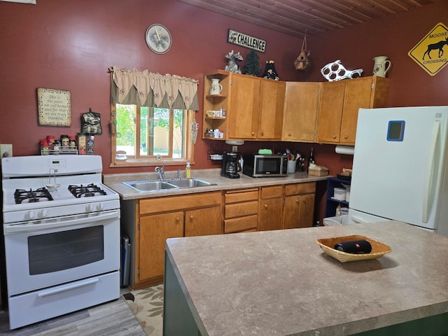 2228 Town Rd Unit 461, International Falls, MN 56649 - kitchen with white appliances, wood ceiling, light countertops, open shelves, and light wood-style flooring
