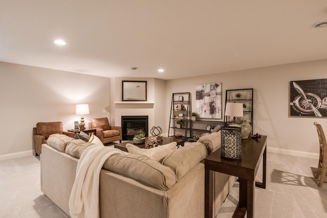 living room featuring light colored carpet