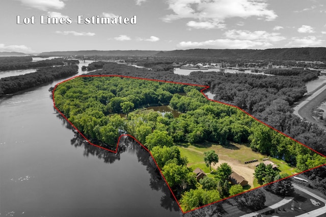 birds eye view of property featuring a forest view and a water view