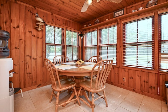 dining area with wooden ceiling, light tile patterned floors, a ceiling fan, and wood walls