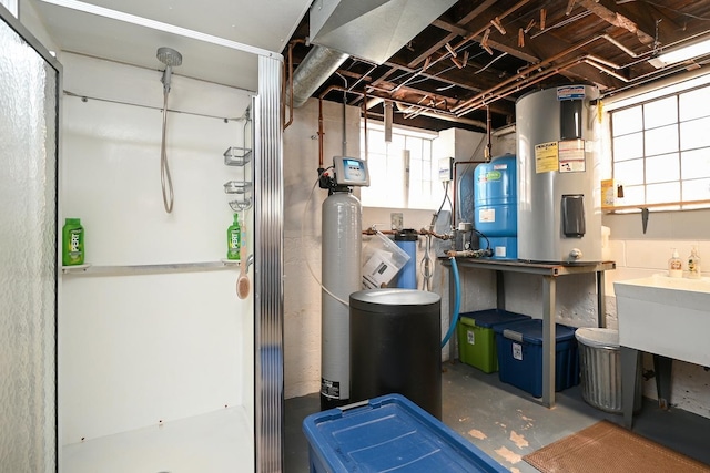 utility room with electric water heater and a sink