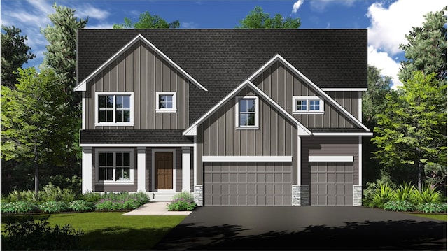 view of front of home with driveway, roof with shingles, stone siding, and board and batten siding