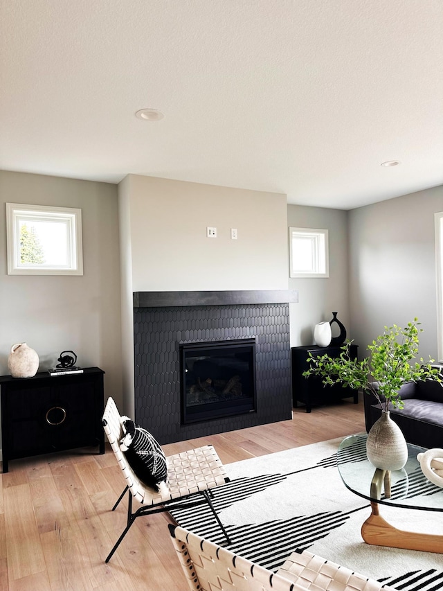 living area with light wood-style floors and a fireplace