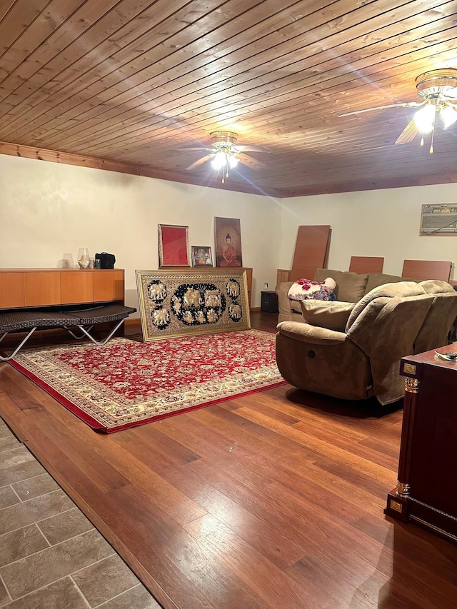 bedroom with ceiling fan, dark hardwood / wood-style floors, and wooden ceiling