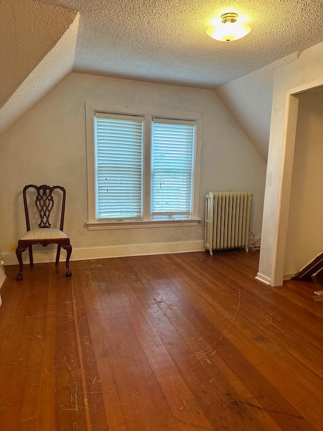 additional living space featuring a textured ceiling, radiator heating unit, lofted ceiling, and hardwood / wood-style flooring