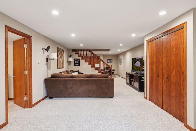9642 Upton Rd, Minneapolis, MN 55431 - living room featuring carpet, stairs, recessed lighting, and baseboards