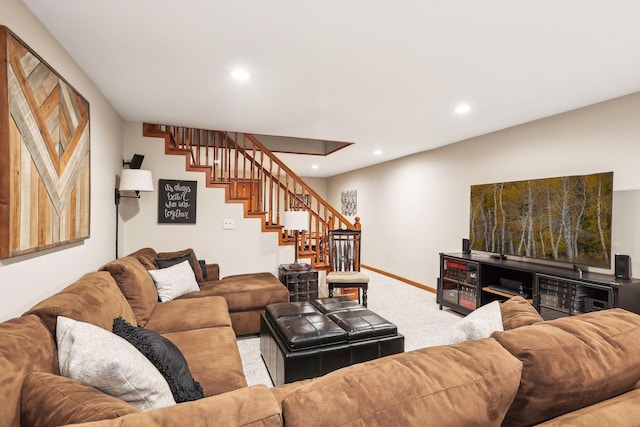 9642 Upton Rd, Minneapolis, MN 55431 - carpeted living room with stairs, recessed lighting, and baseboards