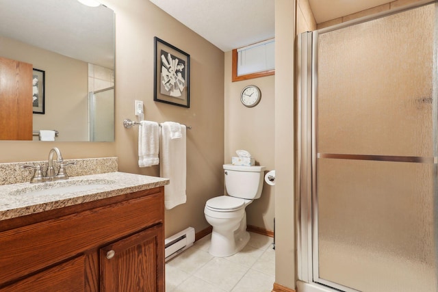 9642 Upton Rd, Minneapolis, MN 55431 - full bathroom with baseboard heating, tile patterned floors, vanity, toilet, and a stall shower