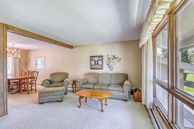 living room with carpet, beam ceiling, an inviting chandelier, and a baseboard heating unit