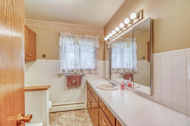 bathroom featuring a baseboard radiator, tile walls, and toilet