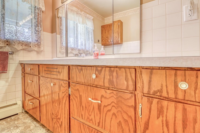 interior space featuring a wealth of natural light, tile walls, and ornamental molding