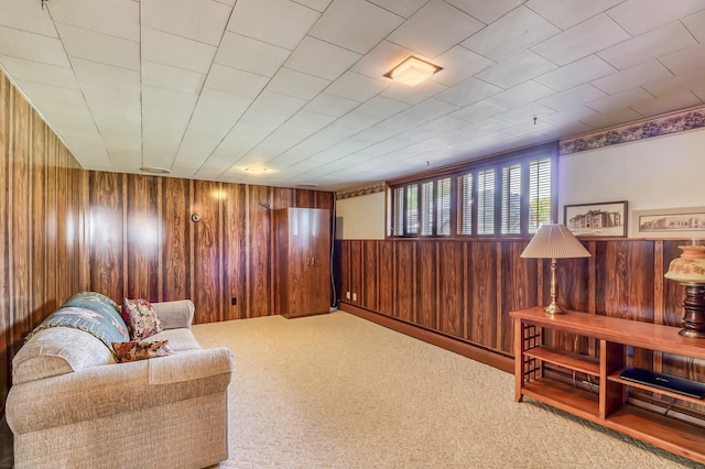 living area featuring carpet floors and wooden walls