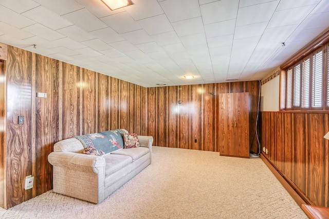 living area featuring carpet floors and wooden walls