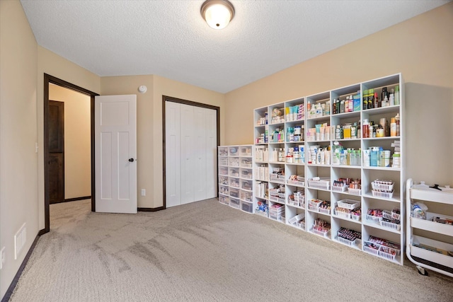 interior space featuring carpet floors and a textured ceiling