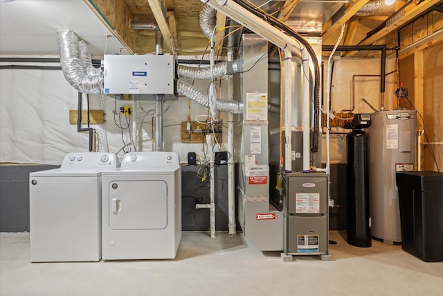 washroom with electric water heater, heating unit, and independent washer and dryer