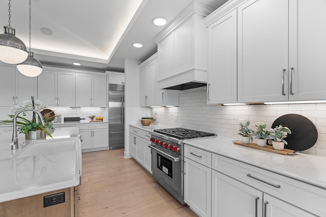 kitchen with high quality appliances, light hardwood / wood-style floors, backsplash, and white cabinetry