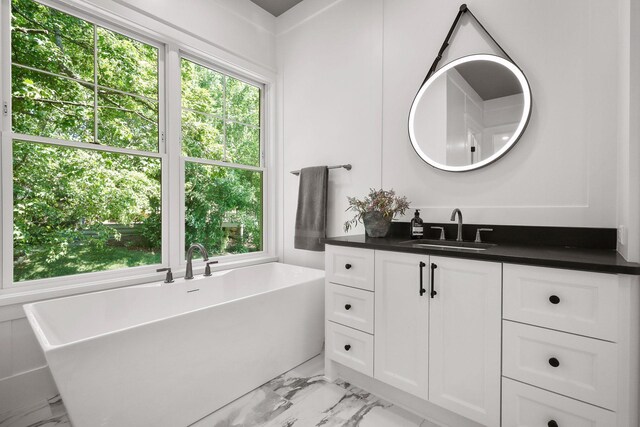 bathroom with vanity and a washtub