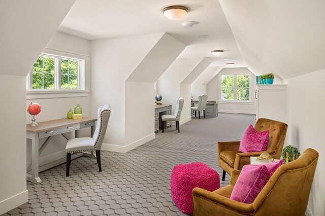 carpeted office space featuring lofted ceiling and a wealth of natural light