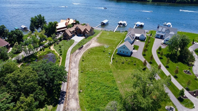 drone / aerial view featuring a water view