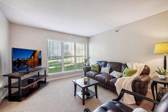 living room with carpet and a textured ceiling