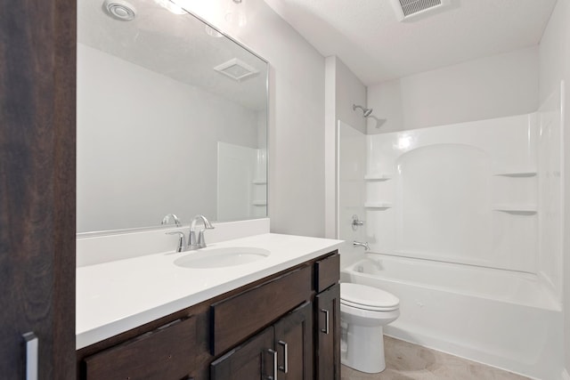 full bathroom with toilet, a textured ceiling, tub / shower combination, and vanity