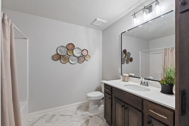 full bathroom with baseboards, toilet, marble finish floor, a textured ceiling, and vanity