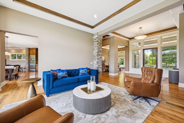 living room with ornate columns and light hardwood / wood-style flooring