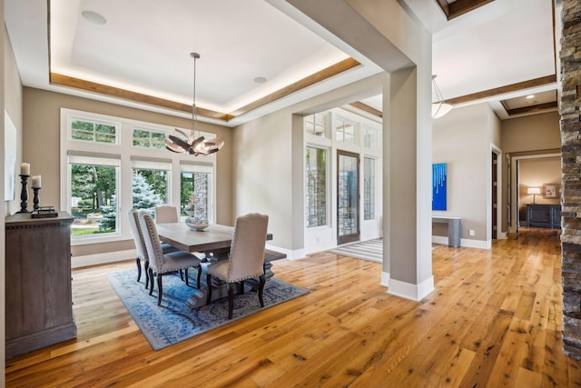 dining room featuring light hardwood / wood-style floors, an inviting chandelier, and a raised ceiling