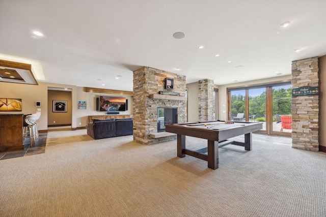 game room with carpet floors, a fireplace, and pool table