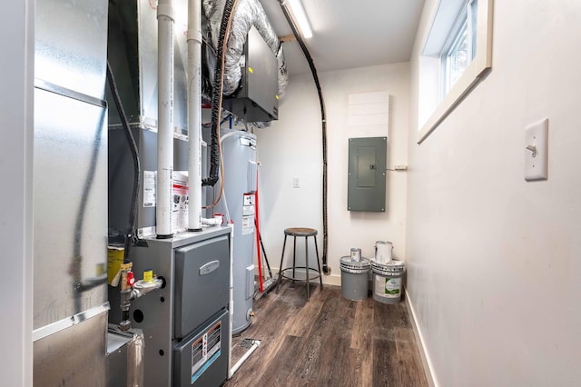 utility room featuring electric panel and water heater