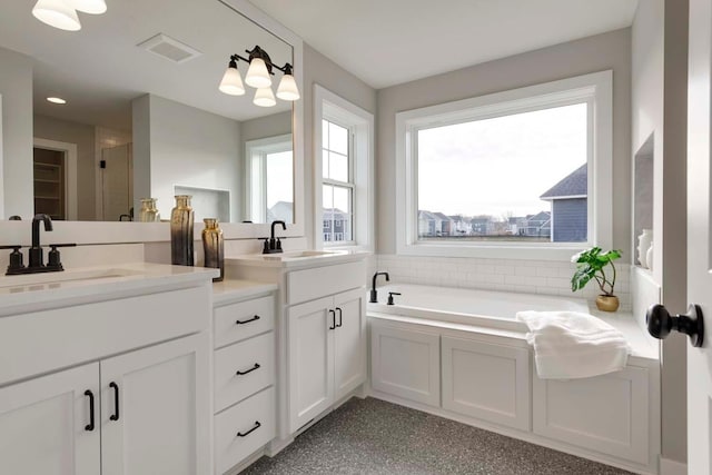 bathroom with vanity, plenty of natural light, and a bathtub