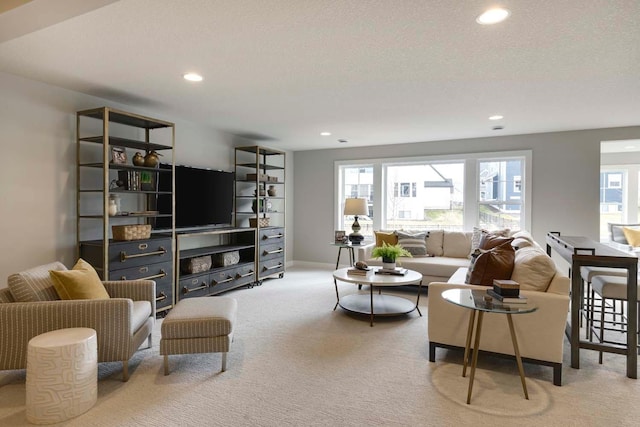 living room featuring a textured ceiling and carpet flooring