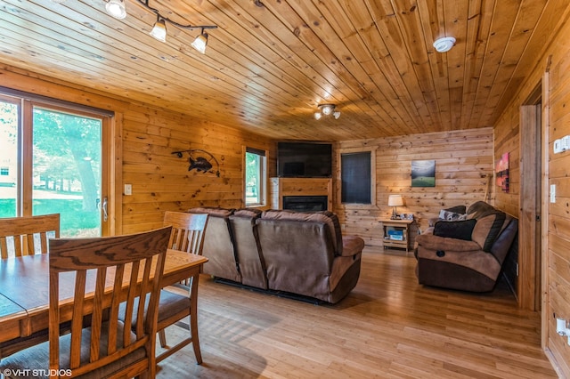 living room with wood ceiling, light hardwood / wood-style flooring, and wooden walls