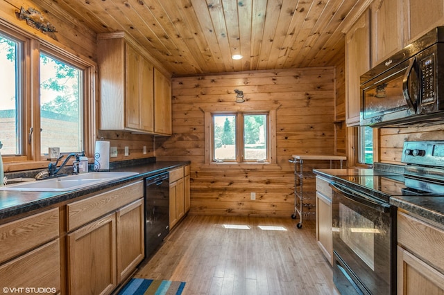 kitchen with wooden walls, sink, wood ceiling, black appliances, and light hardwood / wood-style flooring