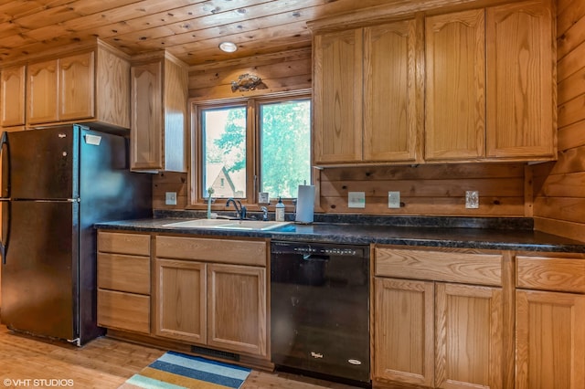 kitchen with sink, light wood-type flooring, wooden ceiling, dark stone countertops, and black appliances